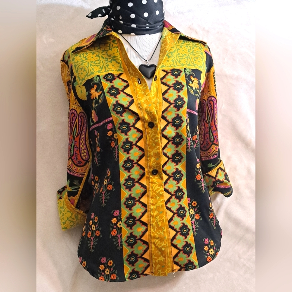 Vintage Paisley Floral Blouse - Black and Yellow
